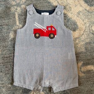 Mudpie Striped Baby Romper with Fire Truck Design 3-6 months